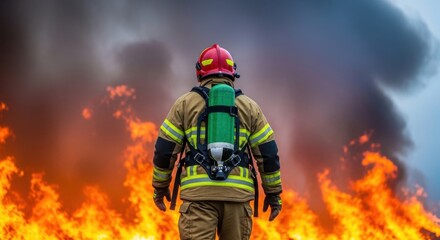 Fototapeta premium Firefighter Facing Wildfire Flames and Smoke, Ready for Action