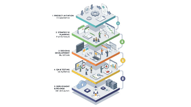 Isometric Project Workflow System Illustration Vector Design for Business Process Management and Software Development Stages