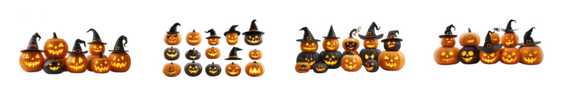 Set of carved halloween pumpkins with witch hats isolated on transparent background