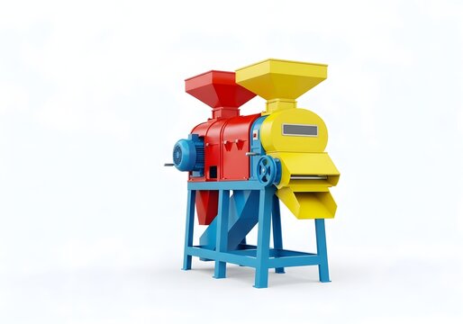 Industrial primary processing machinery with multicolored hoppers and frame for agricultural production.