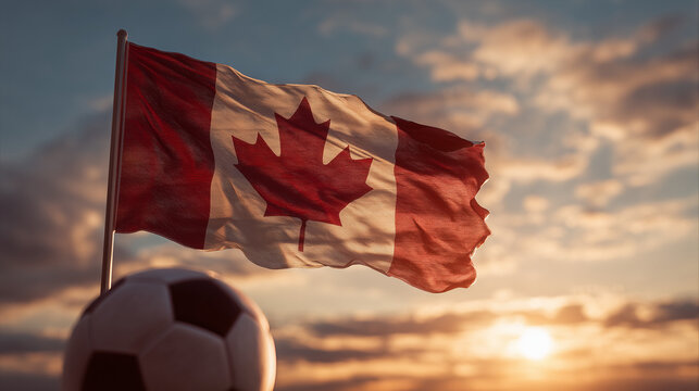 soccer ball with canadian flag at sunset &ndash; concept for world cup and mls