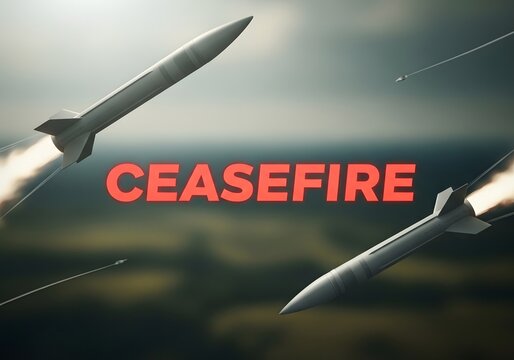 Military missiles flying through stormy sky with glowing orange ceasefire text overlay for news media.
