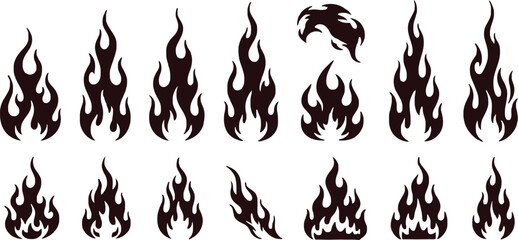 Naklejka premium Set of twelve dark red flame silhouettes with various shapes isolated on a black background