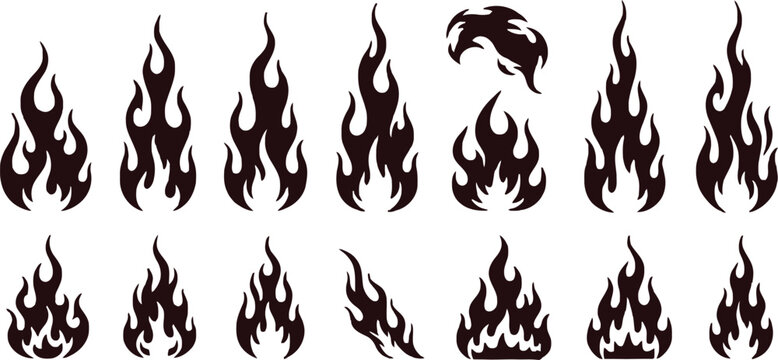 Set of twelve dark red flame silhouettes with various shapes isolated on a black background