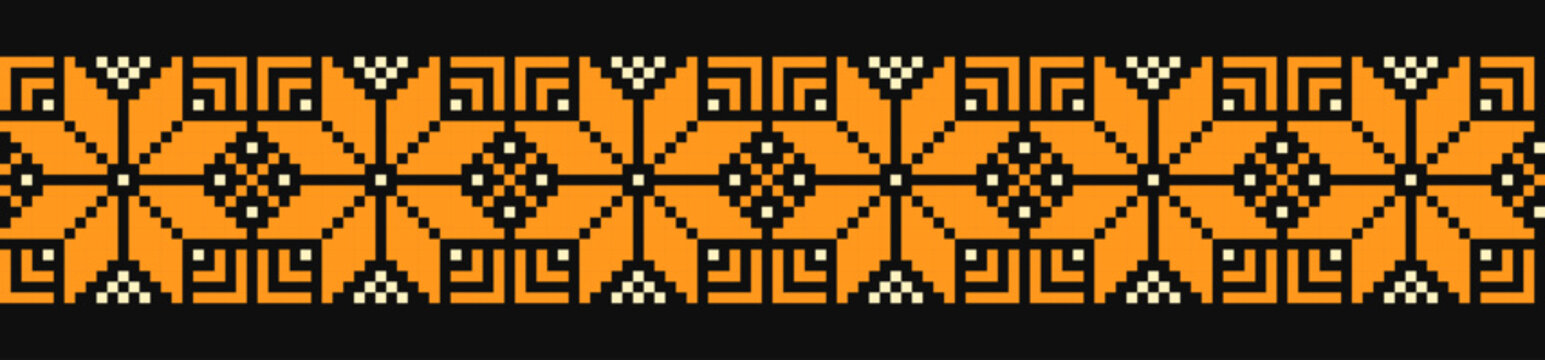 Seamless embroidery ribbon pattern folk border orange and yellow isolated on black, Ukrainian Vyshyvanka