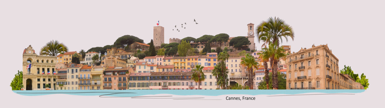 Cannes, France. Panoramic view of the castle and historical buildings of the old town of Cannes - art collage
