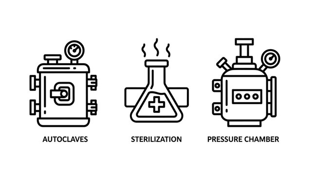 Autoclave sterilization pressure chamber icons with line art autoclave sterilization equipment laboratory instrument bacteria disinfection industry manufacturing research development