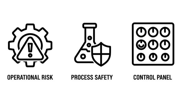 Collection of industrial management icons including operational risk with gear and warning sign process safety with laboratory flask and shield an electronic control panel with knobs industry