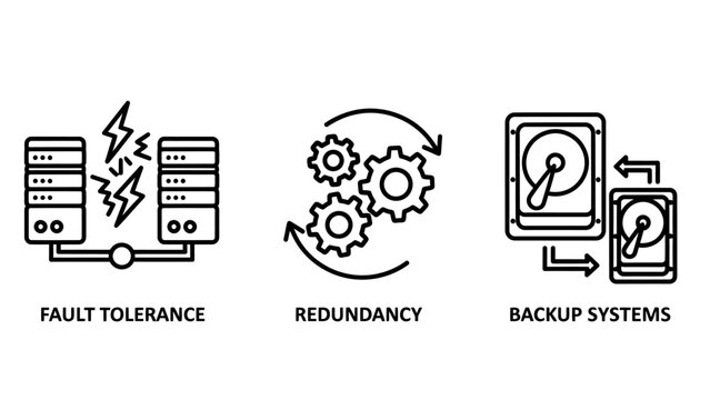 Technical diagrams illustrating fault tolerance with servers redundancy using gears and backup systems with hard drive icons technology tolerance redundancy hardware infrastructure computing