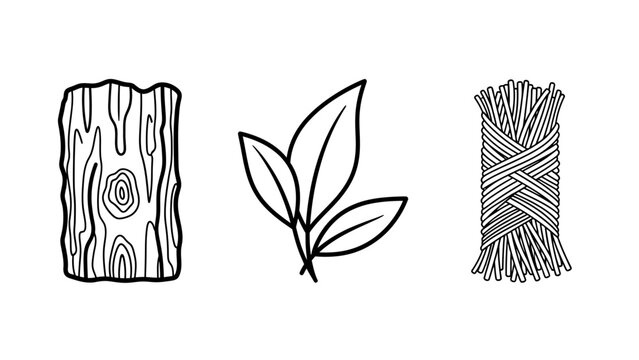 Minimalist line icon set illustrating natural raw materials including a textured tree bark segment a pair of fresh leaves a bundle of dried straw or grass tied together material environment