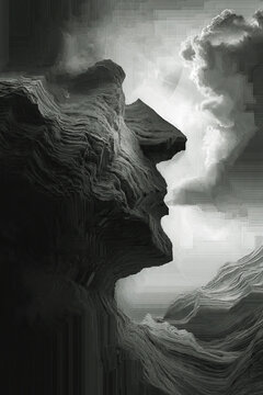 Surreal Rock Formation Shaped Like Human Face in Dramatic Cloudy Landscape