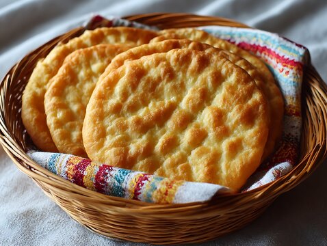 Golden, deep-fried Hungarian langos flatbread in a wicker basket, symbolizing traditional comfort food, rustic culinary heritage, and authentic European street food.