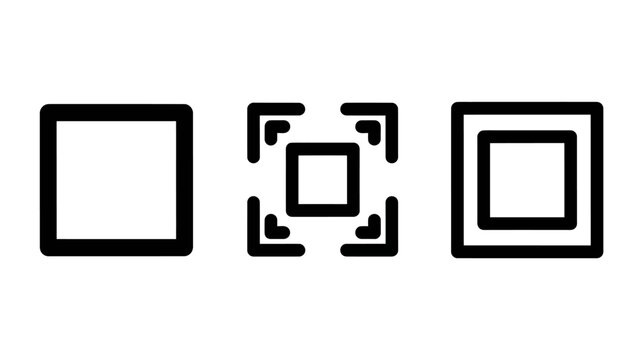 Minimalist geometric square icon set including a solid frame a focus framing mark a layered square-in-square design geometric minimalist illustration isolated background interface