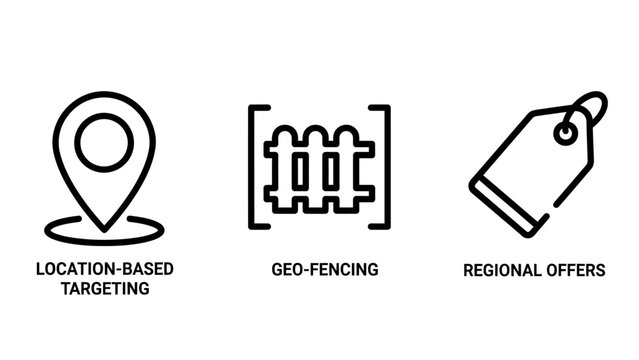 Marketing icons for location based targeting geo fencing and regional offers concepts with marketing location targeting regional position boundary discount promotion commerce strategy