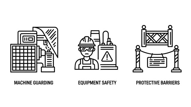 Industrial safety icons for machine guarding equipment safety and protective barriers with industrial guarding equipment protective manufacturing workshop protection workplace occupational