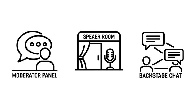 Virtual event and conference management icon set with moderator panel speaker room booth and backstage chat communication moderator microphone backstage communication conference management
