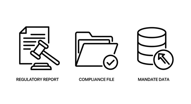 Business compliance and legal icons for regulatory reporting file folders and mandate data information management concepts with compliance regulatory business document database regulation