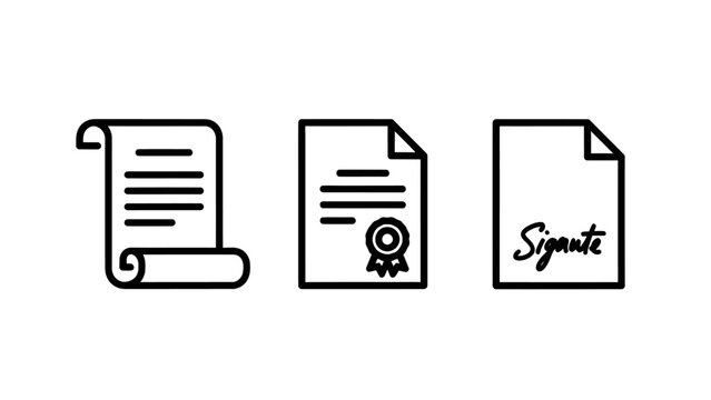 Document type icons featuring a historical scroll an official certificate with seal and a paper with written signature document certificate signature contract official agreement historical