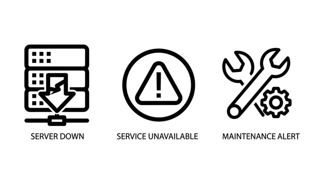 It support and network status icons depicting server down service unavailable and system maintenance alert with unavailable maintenance technical computer database hardware downtime triangle