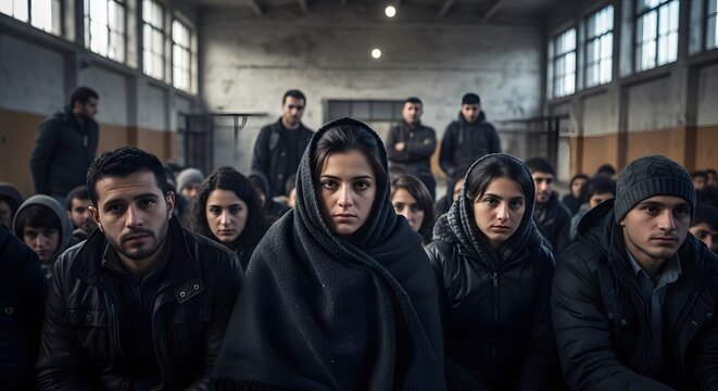 A group of  refugees and trafficking victims sitting in a cold, industrial shelter, eyes reflecting fear and uncertainty. Evocative image highlighting a global human rights crisis
