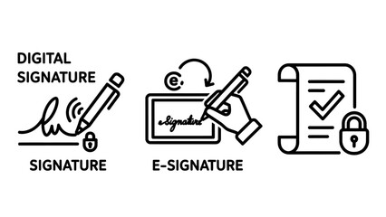 Fototapeta premium Digital and electronic signature icons set illustrating document security stylus signing and encrypted verification with signature electronic security document agreement contract authentication