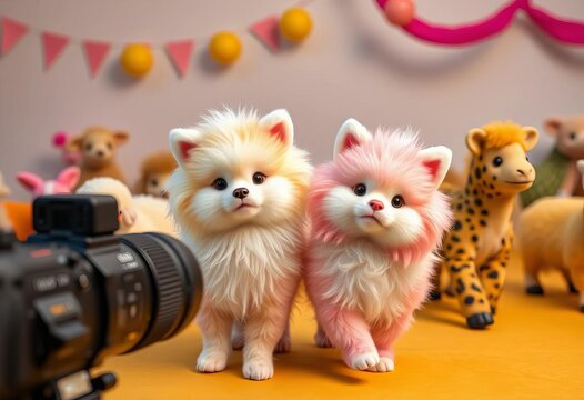 Whimsical studio, fluffy twin animals in a playful parade, directed by a camera,  dreamlike,  doppelgangers