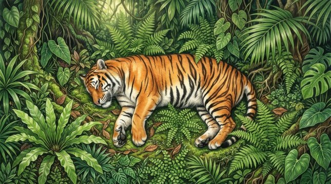 Bengal Tiger Lying Down in Dense Green Jungle Foliage