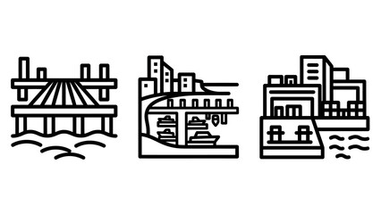 Naklejka premium Marine infrastructure and port logistics icons representing wooden pier bridge over water and industrial harbor shipping terminal with shipping logistics transport industry terminal boardwalk