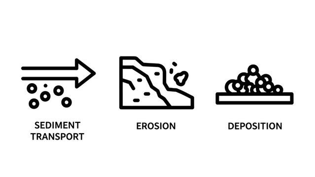 Geological process icons depicting sediment transport erosion and deposition with sediment transport deposition landscape environment physical illustration geological formation movement