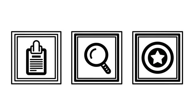 Set of UI workflow icons including clipboard magnifying glass search star rating in minimalist black outline style clipboard workflow checklist magnifying minimalist interface graphical