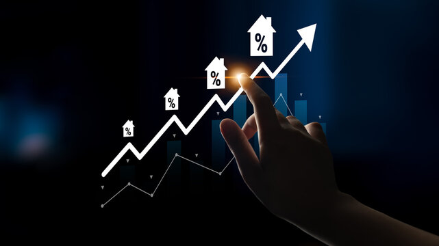 A hand reaches towards a rising graph that represents growth in the real estate market. The image symbolizes investment opportunities and financial success in property management. Gantry