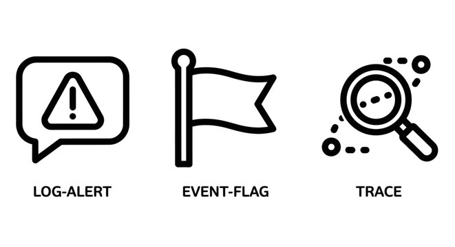 Monitoring and alert icon set including log alert event flag trace symbols for data analysis magnifying analysis monitoring notification milestone location investigation tracking