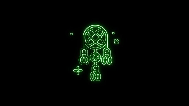 Glowing neon line dreamcatcher icon with floating feathers animation. Spiritual symbol animation HD video isolated on black background