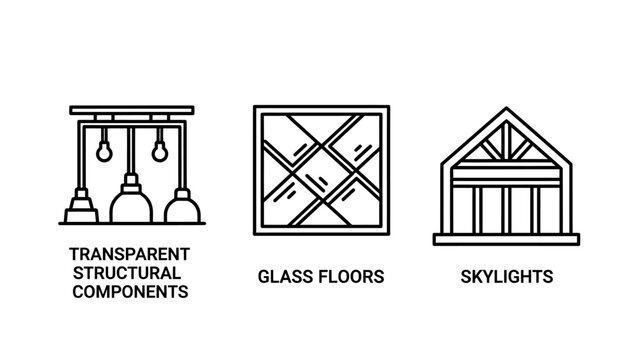 Architectural features icons illustrating transparent structural components glass floors and skylights with architecture transparent structural skylights building construction interior exterior