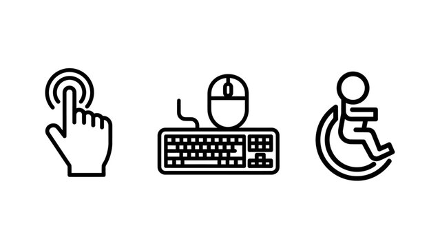 Computer accessibility icons including hand touch gesture computer mouse and keyboard with wheelchair symbol accessibility computer keyboard wheelchair disabled technology interface usability