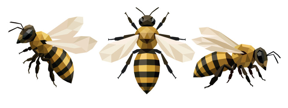 Geometric bee set in low poly style. Collection of bees in different positions. Minimalist vector design for eco branding, honey products and natural themes