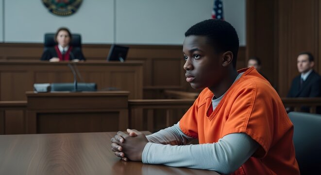Close-up of a somber juvenile defendant in a courtroom, hands clasped on the table during a hearing. This evocative image represents youth incarceration, legal rights, and the justice system