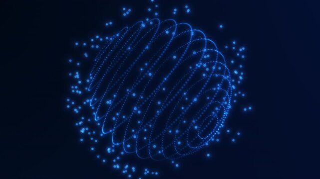 Abstract blue glowing particle sphere with flowing dotted spiral structure and floating digital points, futuristic technology orb visualization on dark background