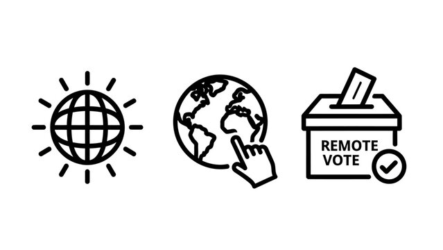 Global communication and remote voting icons set showing earth world map remote ballot box symbols communication election internet international democracy government technology selection