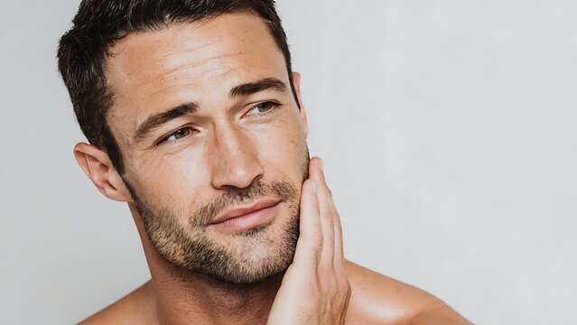 A bright, high-key portrait of a handsome Caucasian male with light stubble, emphasizing a clean and refreshed post-shave or post-skincare feeling.