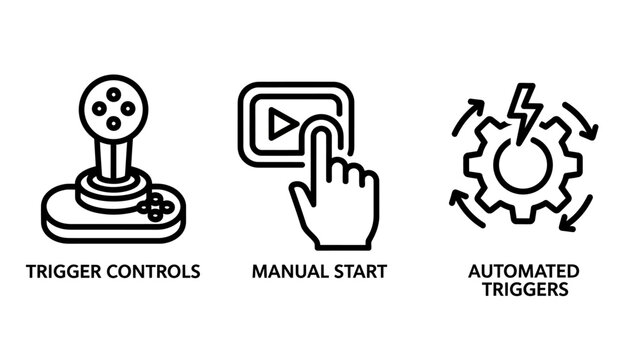 Icon set representing user interaction and trigger mechanisms for software with controls automated triggers joystick lightning interface software automation development application operation