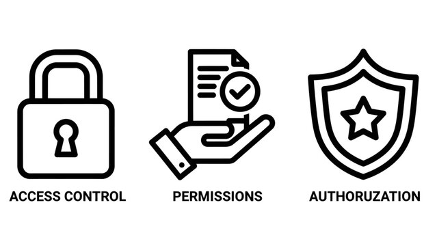 Cybersecurity and access control line icons featuring lock and permissions authorization document checklist security protection privilege software authentication identity