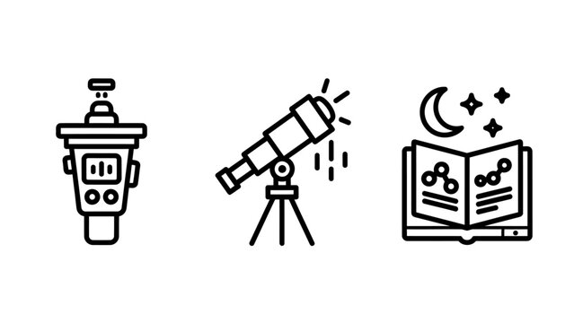 Astronomy and scientific research linear icons featuring telescope celestial navigation instrument and night sky book telescope astronomy research navigation instrument scientific exploration