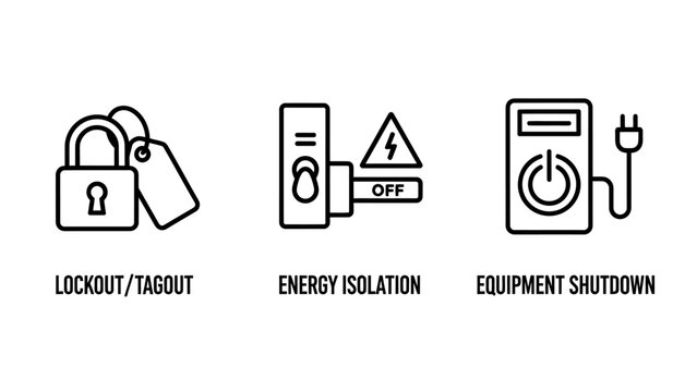 Industrial lockout tagout and equipment shutdown safety procedure line art icon set with shutdown industrial isolation equipment electrical procedure maintenance protection compliance