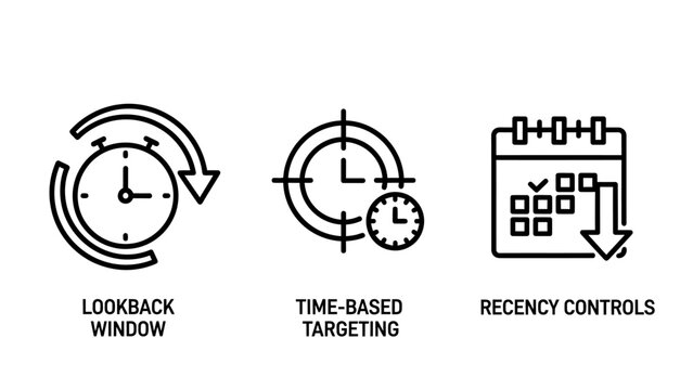 Digital marketing time based targeting and data analysis lookback window icons set with marketing targeting calendar analysis lookback advertising campaign scheduling strategy analytics
