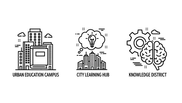 Education and urban development concept icons representing education campus learning hub knowledge district with education learning knowledge district building university architecture academic