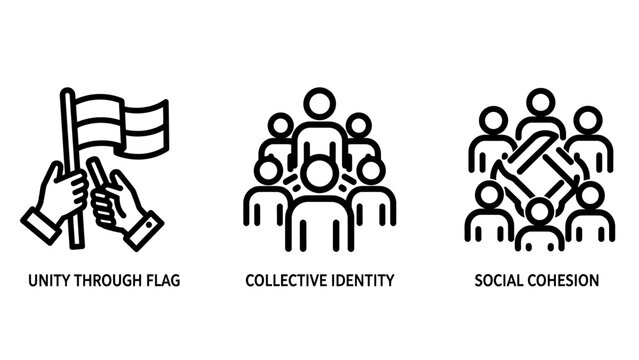 Sociology and community concept icons representing unity through flag collective identity social cohesion with community identity cohesion teamwork patriotism connection collaboration together
