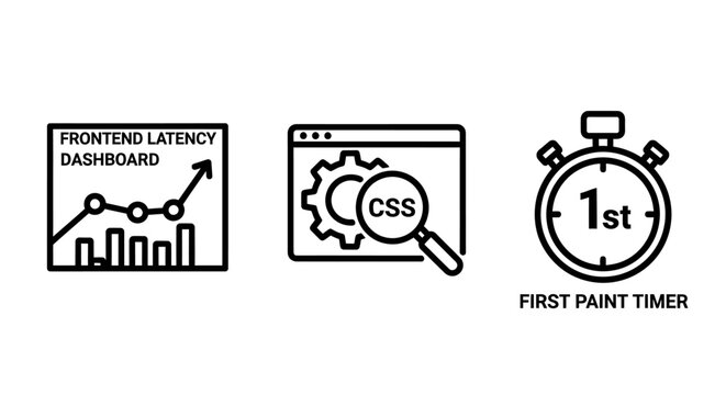 Website performance monitoring icons: frontend latency dashboard css optimization first paint timer dashboard performance monitoring optimization frontend development analysis technical