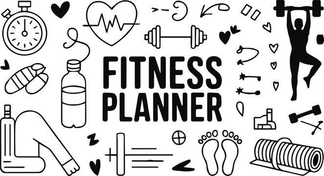 fitness planner minimalist black and white doodles for wellness