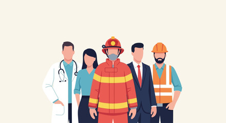 A firefighter stands among a diverse group of professionals in a modern setting. © Fendi